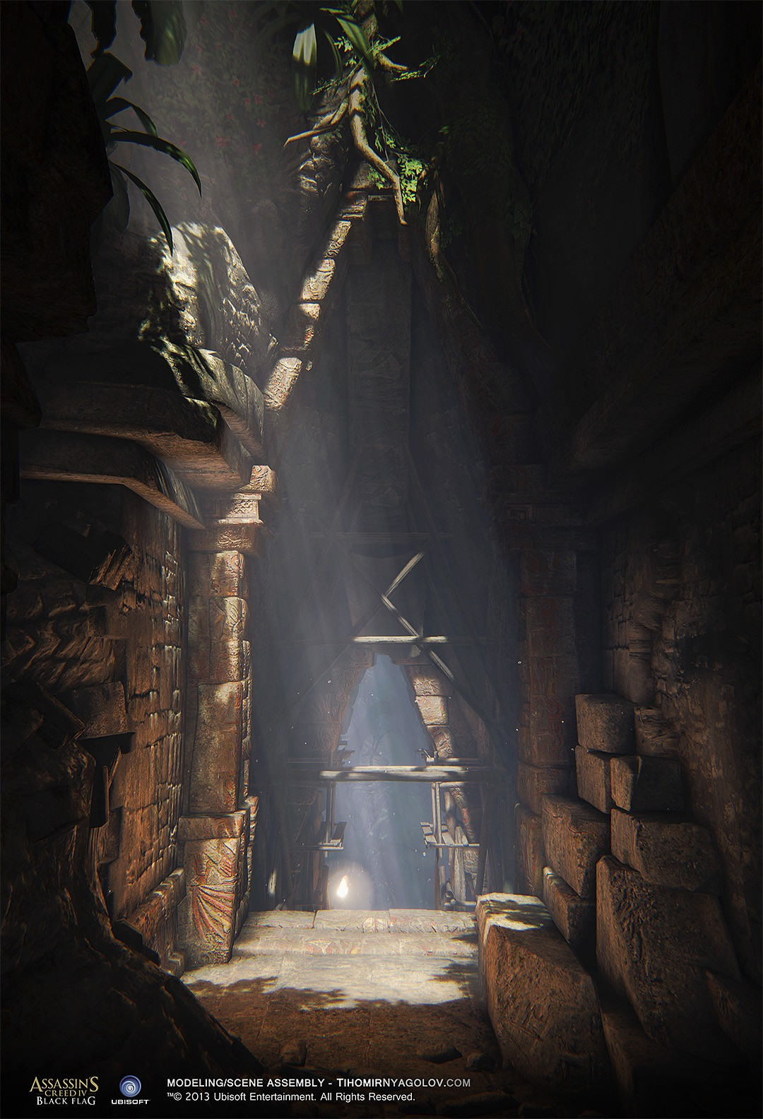Mayan corridor with sunlight and original artist credits