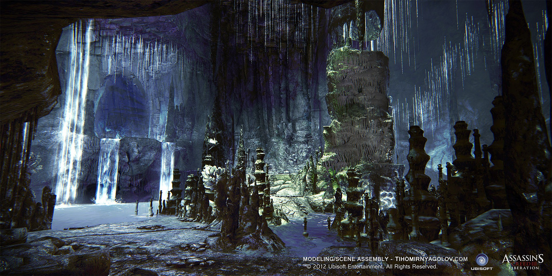 Mayan cavern and waterfall with original artist credits