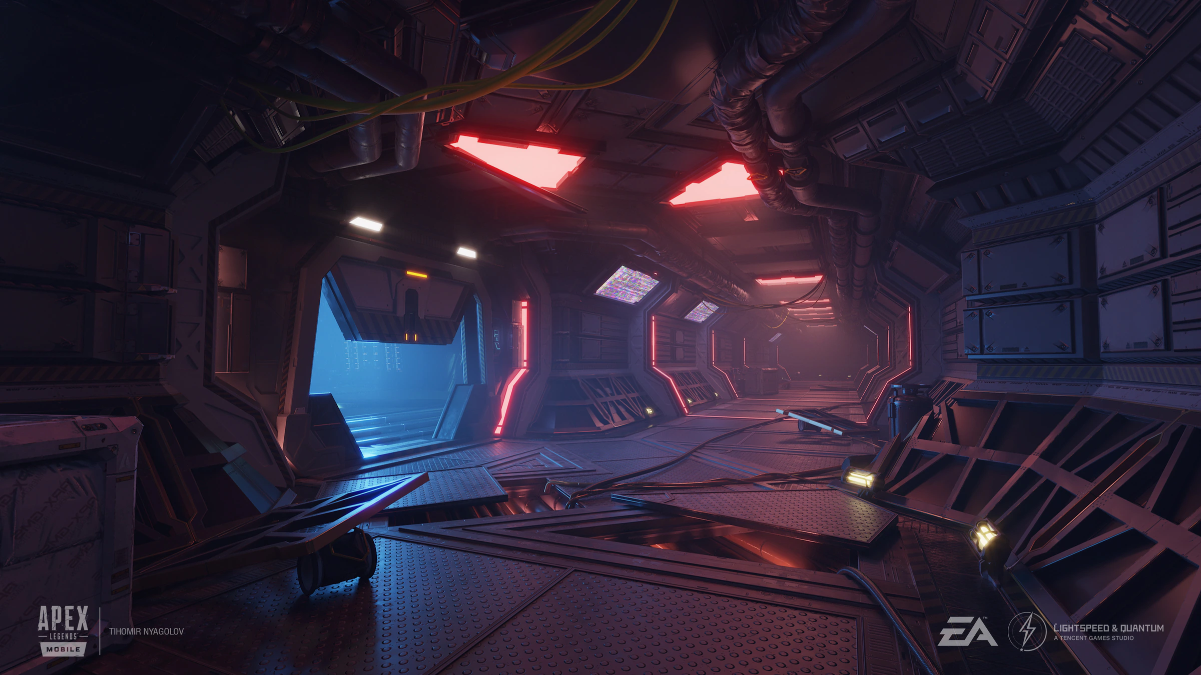 Apex Legends Mobile industrial corridor with red ceiling lights and a blue-lit doorway