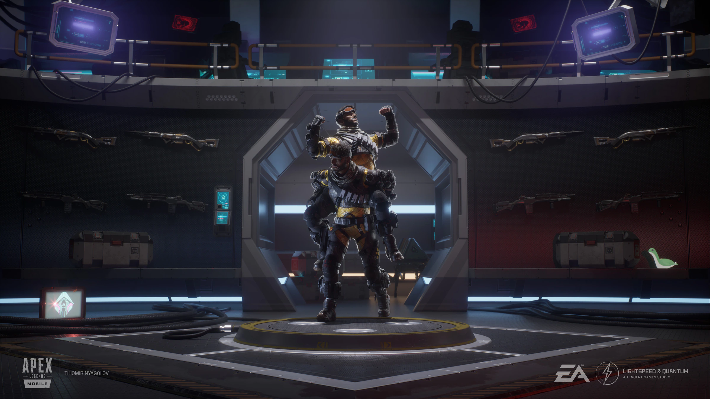 Apex Legends Mobile character display on a circular platform in a weapon showroom