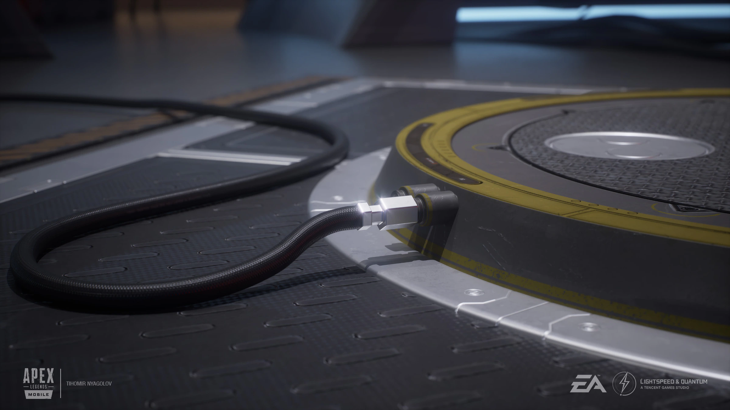 Close-up of a cable connected to a circular display platform in Apex Legends Mobile