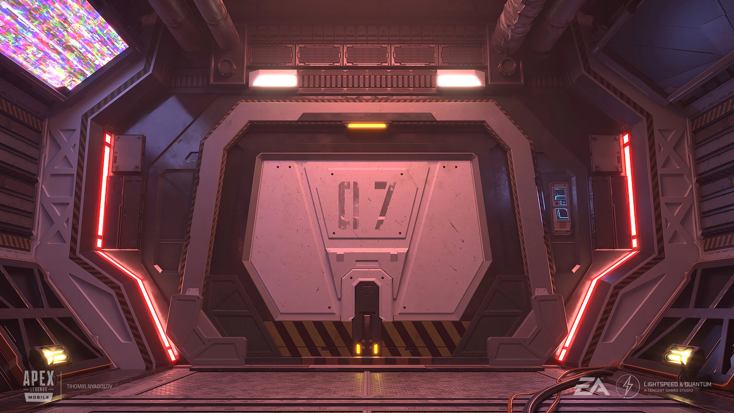 Apex Legends Mobile sci-fi door marked 07, framed by red lights