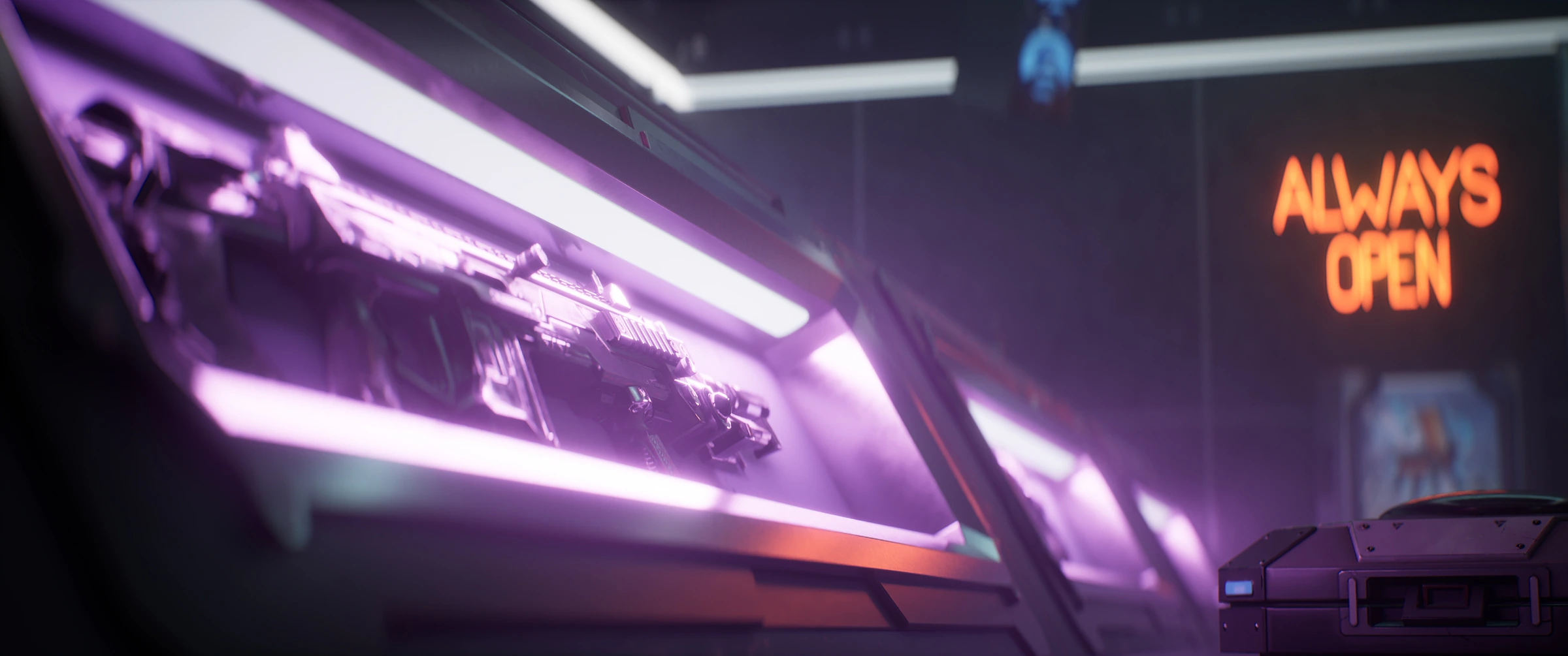Apex Legends Mobile weapon display illuminated in purple beside an Always Open sign